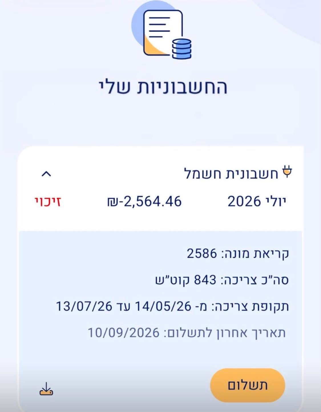 חשבונית חשמל בזיכוי — מינוס 2,564 שקלים